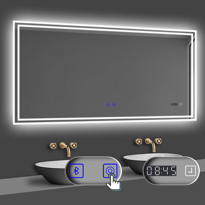 LED Badspiegel 120x70 cm Bluetooth Uhr TOUCH BESCHLAGFREI Wandspiegel Kalt/Neutral/Warmweiß ,Dimmbar