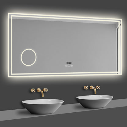 LED Badspiegel 140x80 cm Bluetooth Uhr 3-Facher Schminkspiegel TOUCH Anti-Beschlag  Kalt/Neutral/Warmweiß ,Dimmbar