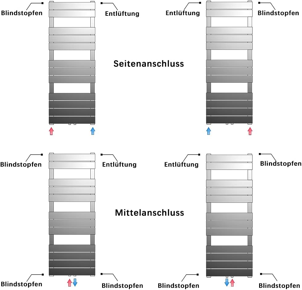 1200x600mm Heizkörper Vertikal Einlagig Handtuchwärmer Handtuchtrockner Seitenanschluss und Mittelanschluss 796W