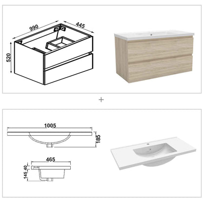 Badmöbel Set 100 cm  Vormontiert Eiche Natur Waschbecken mit Unterschrank inkl. 2-Schubladen Soft-Close Funktion