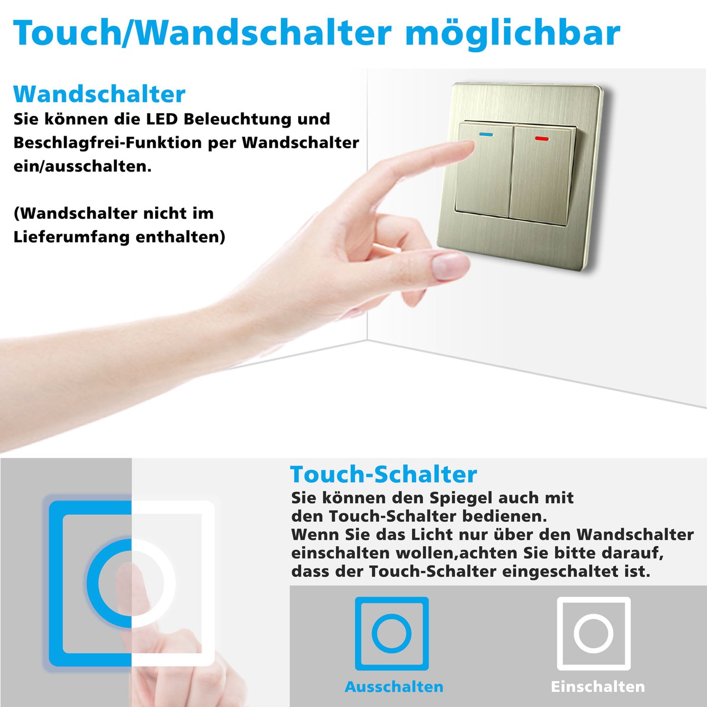 LED Spiegelschrank 80x60cm mit Wand/Touchschalter,Beschlagfrei,3 Lichtfarbe 2700-6500K Dimmbar und Rasier steckdose,Aluminium, Softclose
