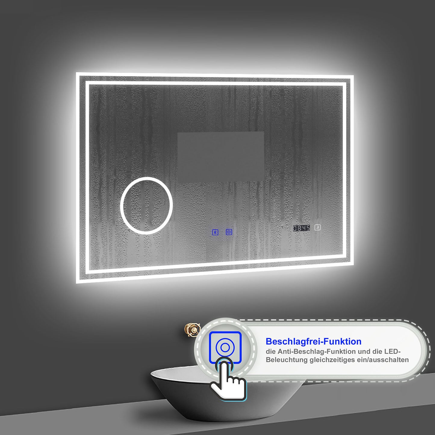 LED Badspiegel 80x60 cm Bluetooth Uhr 3-Facher Schminkspiegel TOUCH Anti-Beschlag  Kalt/Neutral/Warmweiß ,Dimmbar