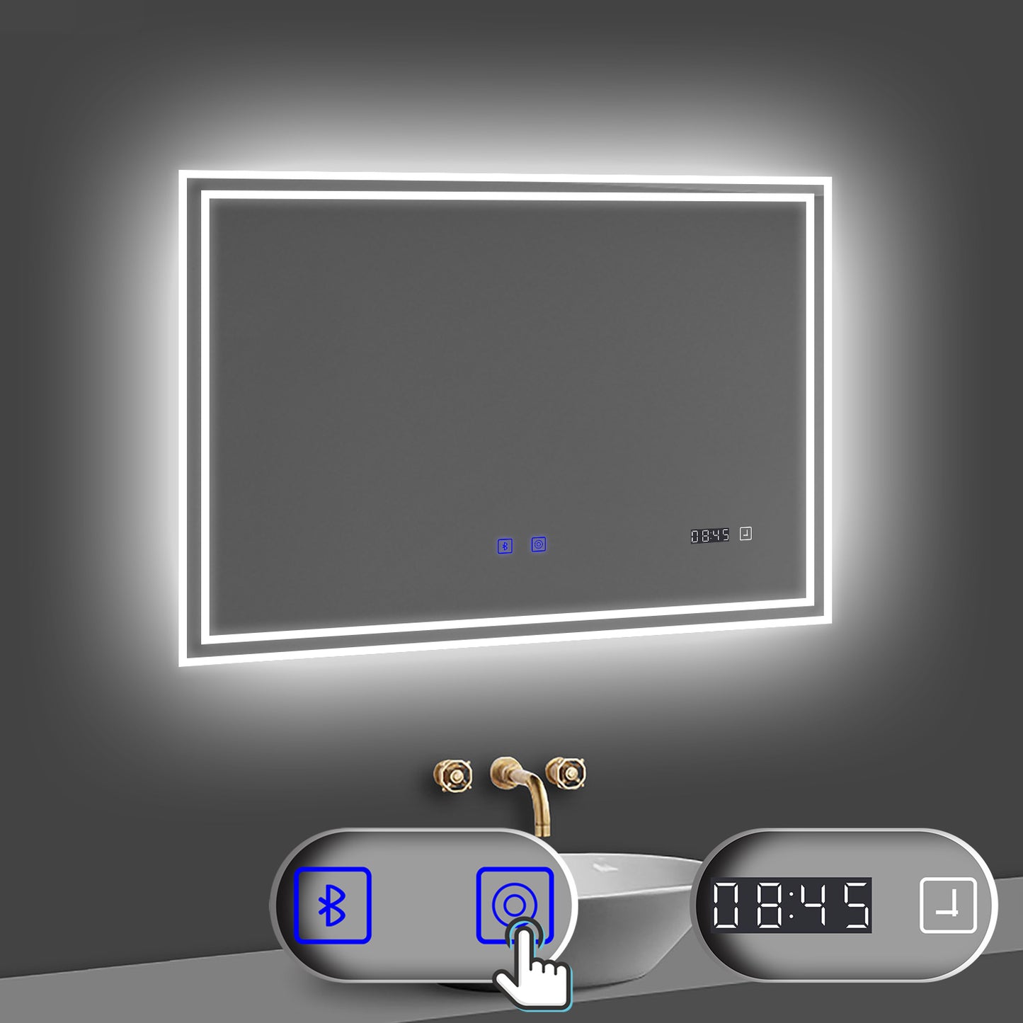LED Badspiegel 80x60 cm Bluetooth Uhr TOUCH BESCHLAGFREI Wandspiegel Kalt/Neutral/Warmweiß ,Dimmbar