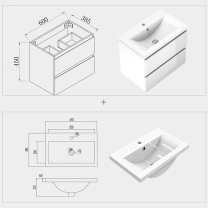 Badmöbel Set 60 cm Vormontiert Hochglanz-Weiß Waschbecken mit Unterschrank inkl. 2-Schubladen Soft-Close Funktion