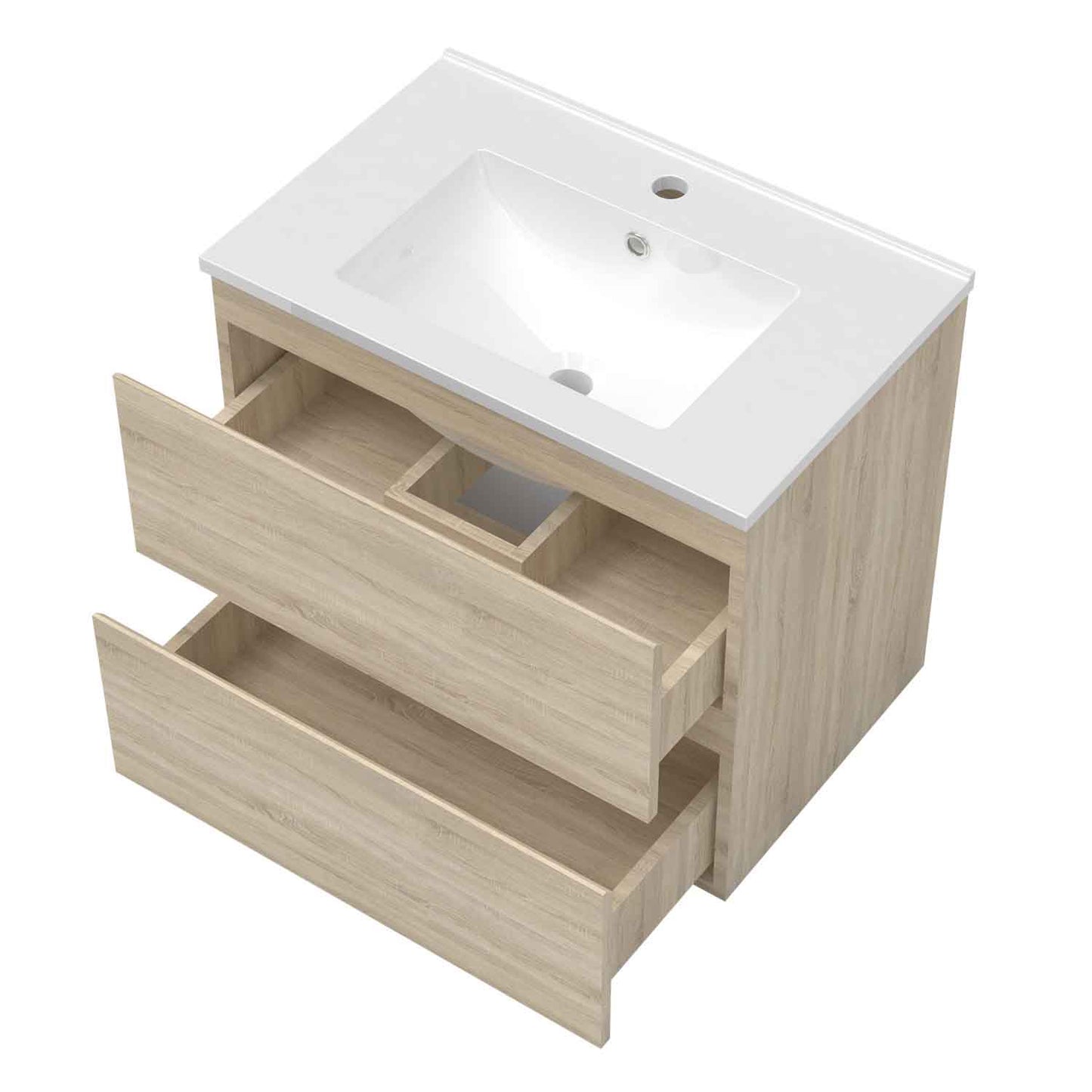Badmöbel Set 60 cm  Vormontiert Eiche Natur Waschbecken mit Unterschrank inkl. 2-Schubladen Soft-Close Funktion