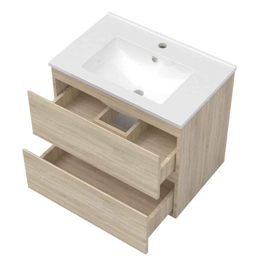Badmöbel Set 60 cm  Vormontiert Eiche Natur Waschbecken mit Unterschrank inkl. 2-Schubladen Soft-Close Funktion