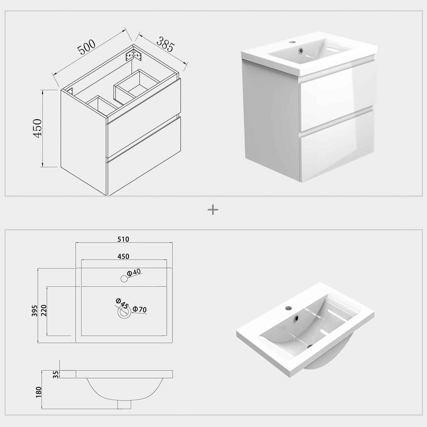 Badmöbel Set 50 cm  Vormontiert Weiß Waschbecken mit Unterschrank inkl. 2-Schubladen Soft-Close Funktion