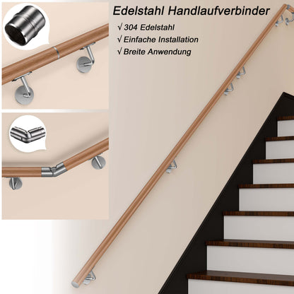 OZEAN Wandhandlauf Edelstahl 80-240 cm | 3mm verstärkte Lasche & 5mm Basis | Silber/Schwarz/Holzoptik