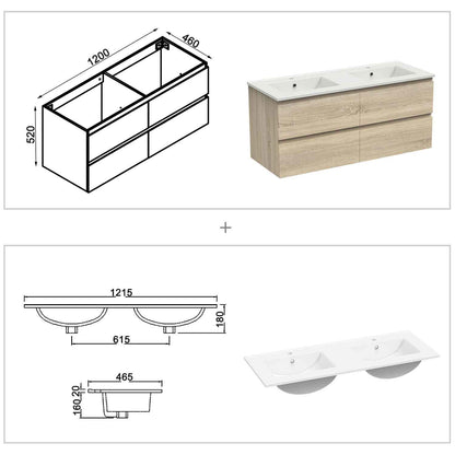Badmöbel Set 120 cm  Vormontiert Eiche Natur Waschbecken mit Unterschrank inkl. 4-Schubladen Soft-Close Funktion