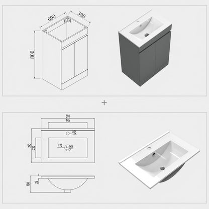 Badmöbel Set ADELA 50 cm Standschrank Anthrazit Waschbecken mit Unterschrank mit Soft-Close Funktion