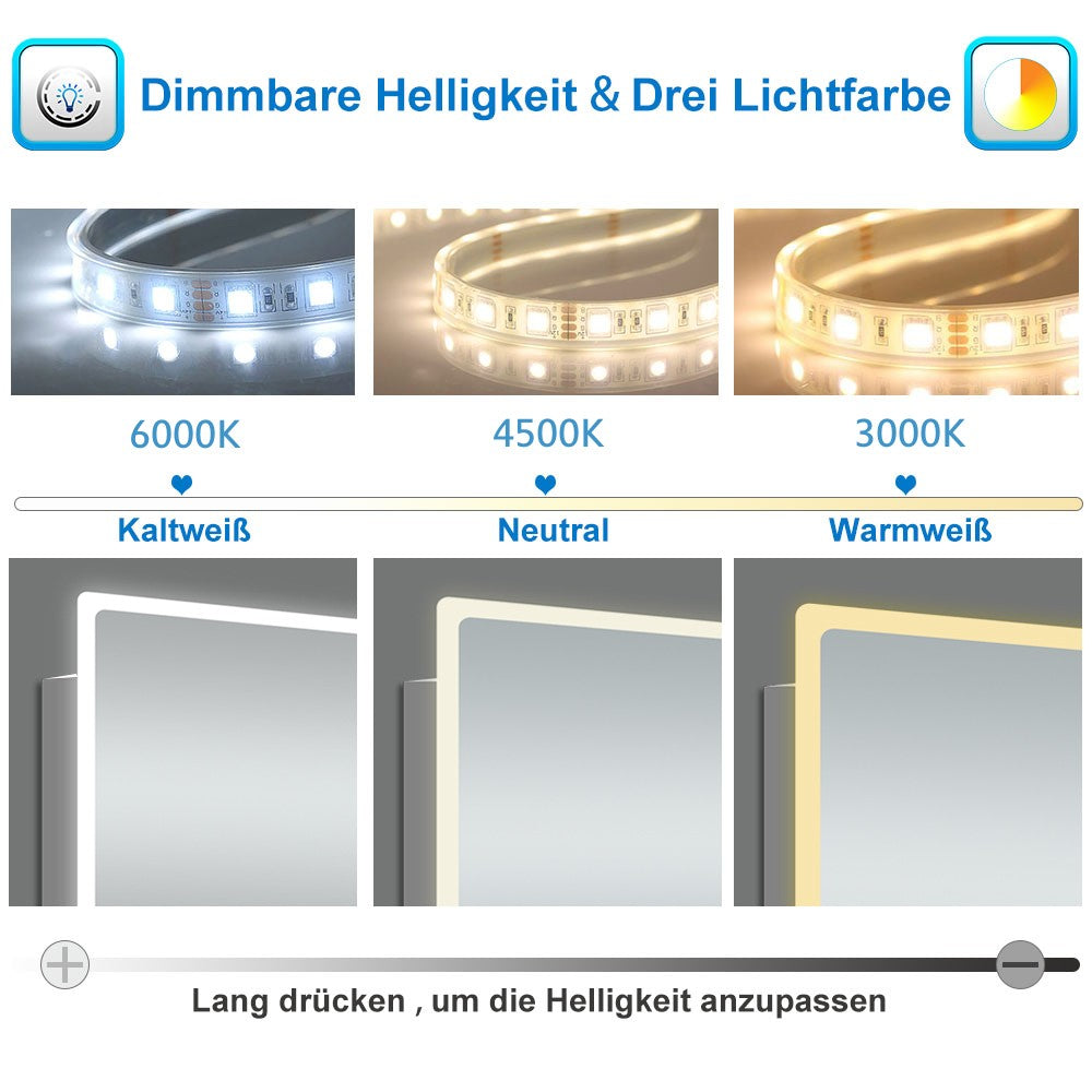 LED Badspiegel 80x60cm Halbrund Badspiegel mit Beleuchtung Anti-Beschlag Wand/Touchschalter 3 Lichfarbe Dimmbar Kalt/Neutral/Warmweiß Badezimmerspiegel Lichtspiegel IP44