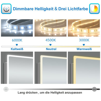 LED Badspiegel 80x60cm Halbrund Badspiegel mit Beleuchtung Anti-Beschlag Wand/Touchschalter 3 Lichfarbe Dimmbar Kalt/Neutral/Warmweiß Badezimmerspiegel Lichtspiegel IP44