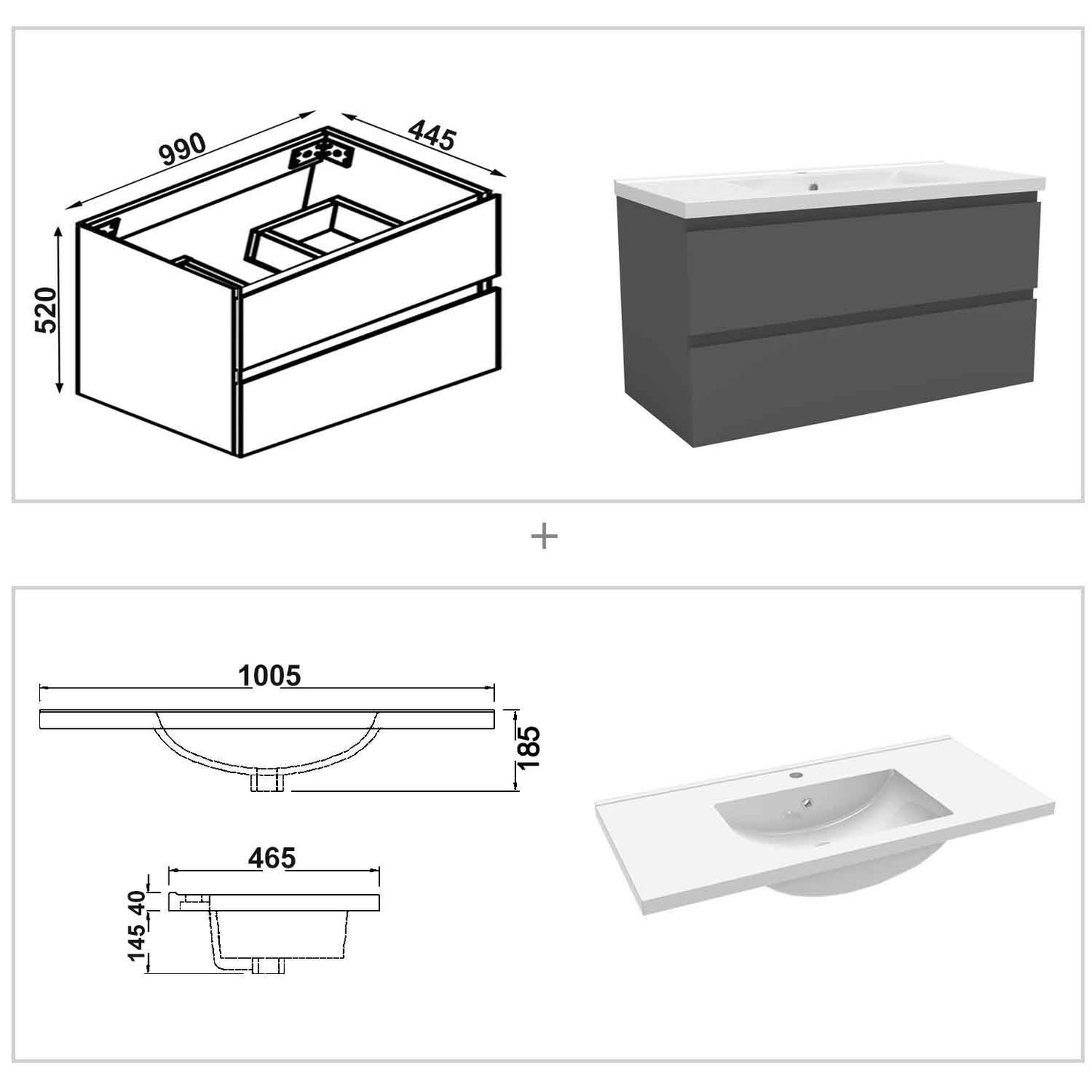 Badmöbel Set 100 cm Anthrazit Waschbecken mit Unterschrank Soft-Close