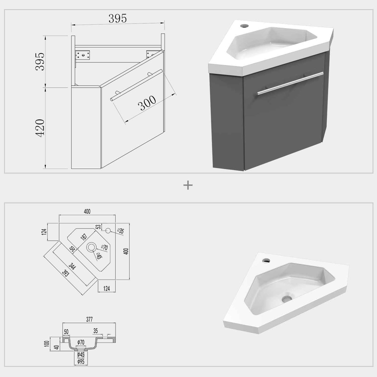 Badmöbel Set 40 cm Anthrazit mitUnterschrank inkl. 1-Tür Soft-Close Funktion