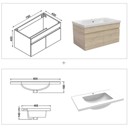Badmöbel Set 80 cm Eiche Waschbecken mit Unterschrank Soft-Close