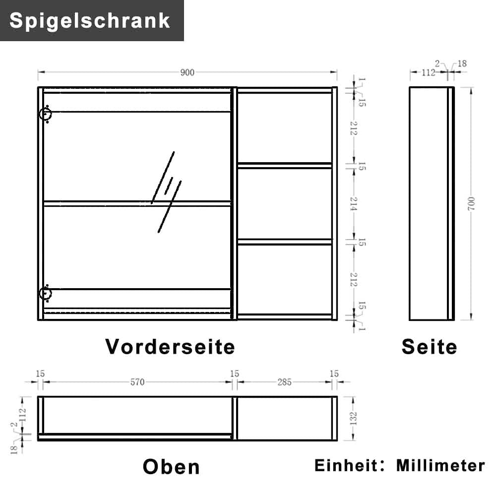 Spiegelschrank 90 cm Badspiegel Badezimmerschrank Sperrholzplatte Gäste WC Dunkelgrau Matt
