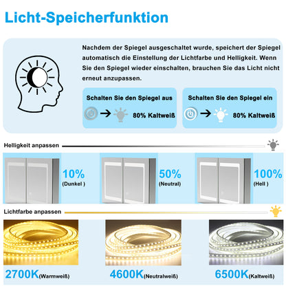 LED Spiegelschrank 80x60cm mit Wand/Touchschalter,Beschlagfrei,3 Lichtfarbe 2700-6500K Dimmbar und Rasier steckdose,Aluminium, Softclose