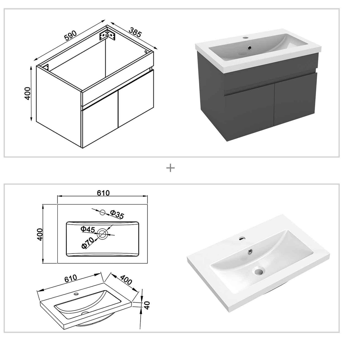 Badmöbel Set ADELA 60 cm Standschrank Anthrazit Waschbecken mit Unterschrank mit Soft-Close Funktion