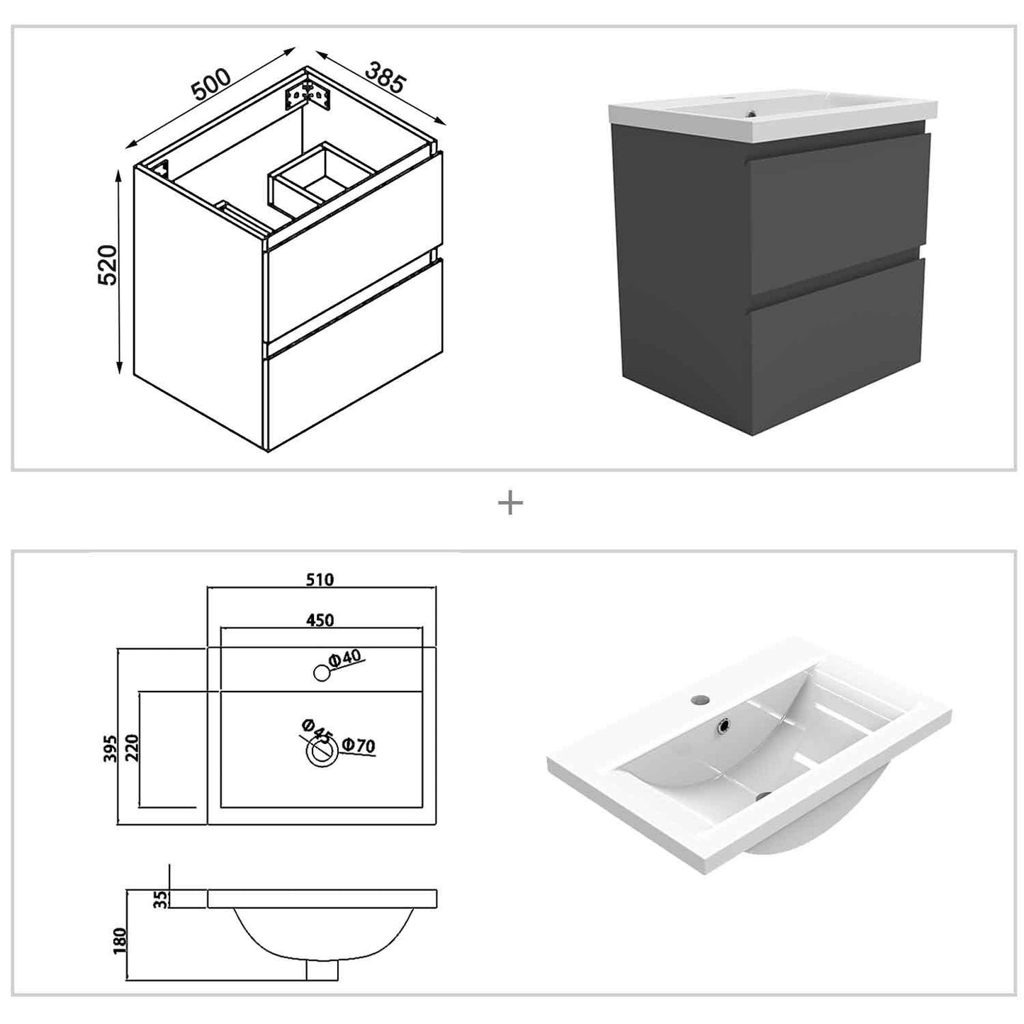 Badmöbel Set 50 cm Anthrazit Waschbecken mit Unterschrank Soft-Close