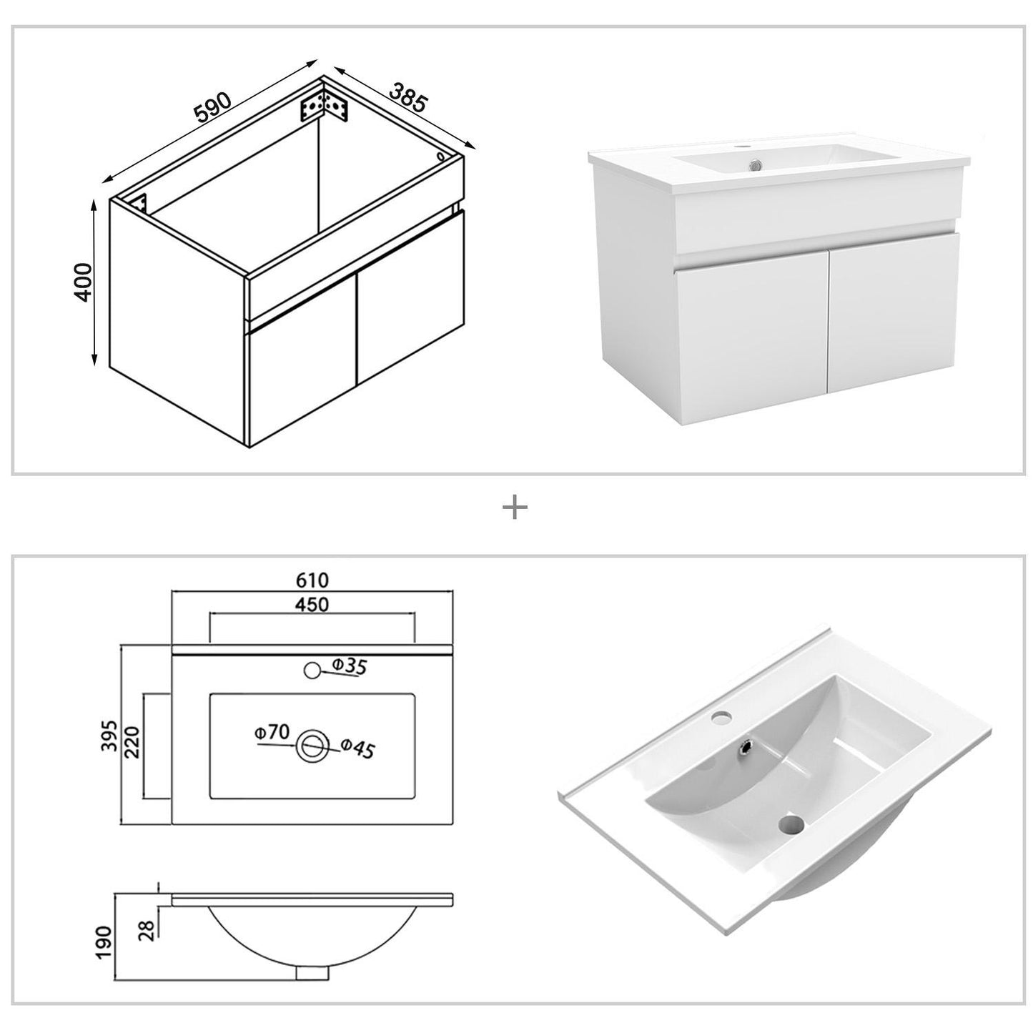 Badmöbel Set 60 cm Weiß Waschbecken mit Unterschrank Soft-Close