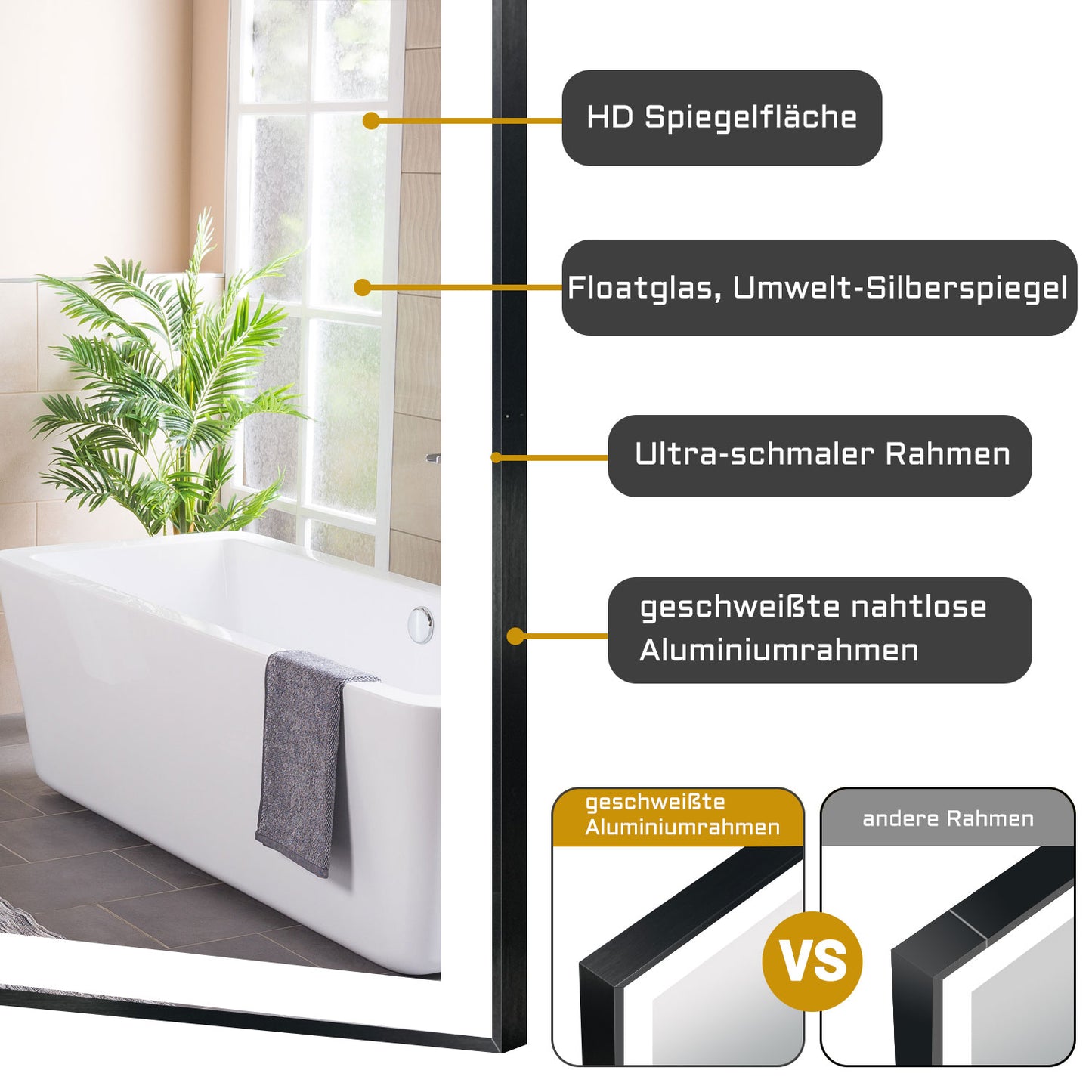 LED Wandspiegel 90x70cm Beschlagfrei Touch/Wandschalter 3 Lichtfarbe +Dimmbar Badspiegel mit Beleuchtung Badezimmerspiegel mit Schwarz Rahmen IP44