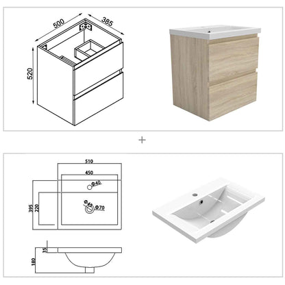 Badmöbel Set 50 cm  Vormontiert Eiche Natur Waschbecken mit Unterschrank inkl. 2-Schubladen Soft-Close Funktion