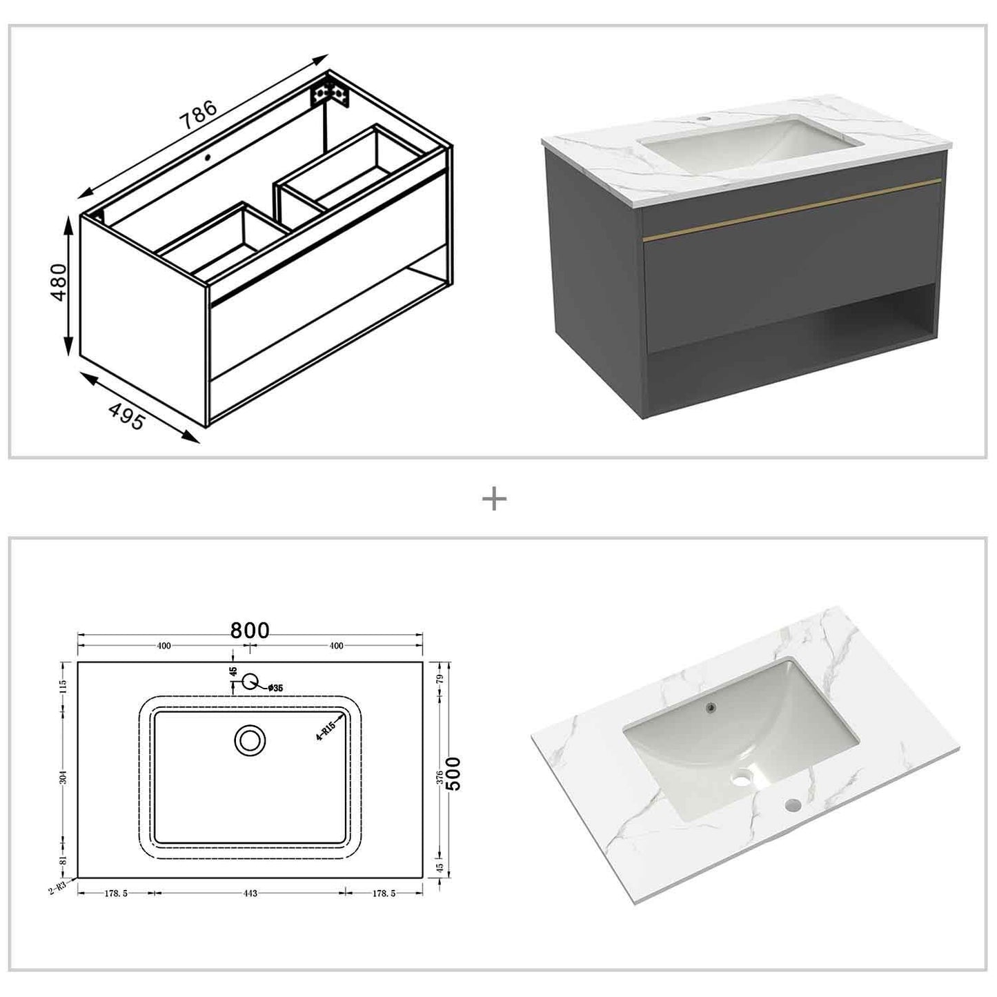 Badmöbel Set 80 cm Weiß Waschbecken mit Unterschrank inkl. 1-Schubladen Soft-Close Funktion