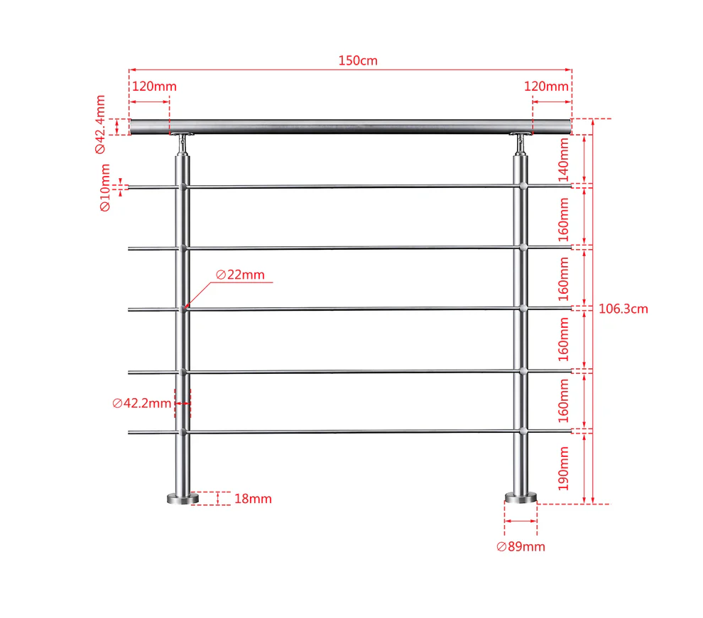 OZEAN Treppengeländer Edelstahl mit 5 Querstreben | 80 - 200 cm | 1.8mm Wandstärke Bodenmontage Silber