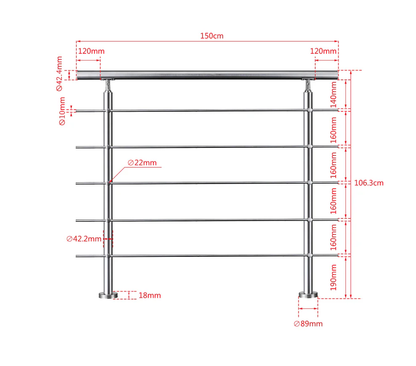 OZEAN Treppengeländer Edelstahl mit 5 Querstreben | 80 - 200 cm | 1.8mm Wandstärke Bodenmontage Silber