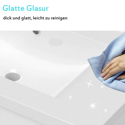 Badezimmer Badmöbel 80cm Keramik Waschtisch mit Unterschrank Hängeschrank Hochglanz Weiß Badezimmerschränke Badschrank mit 2 Soft-Close Türen