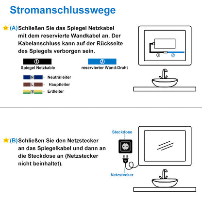 LED Wandspiegel 70x50cm Touch/Wandschalter Beschlagfrei Badspiegel mit Beleuchtung Bluetooth Uhr 3X Schminkspiegel 3 Lichtfarbe 3000-6500K Dimmbar IP44