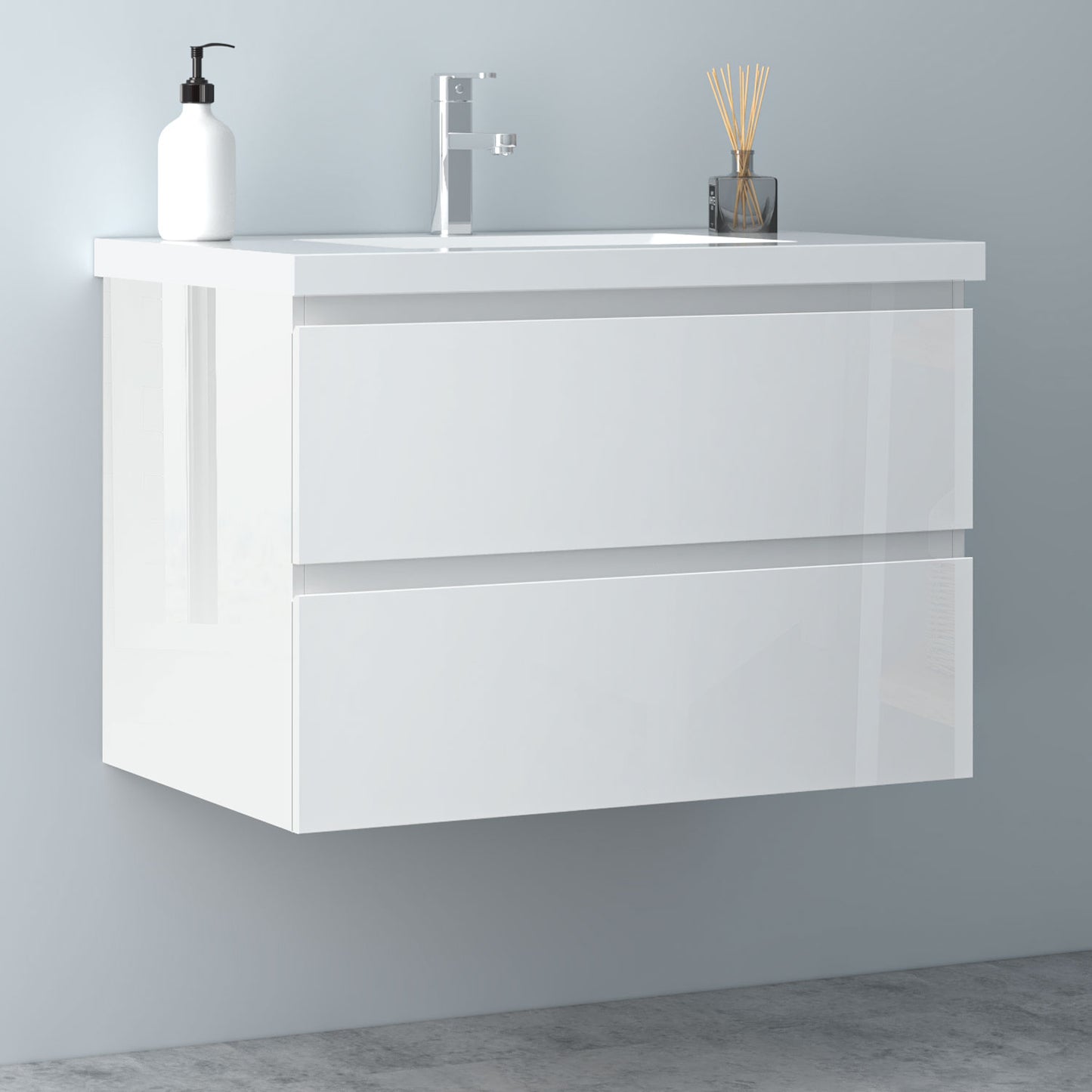 Badezimmermöbel 80cm Mineralguss Waschtisch mit Unterschrank Badmöbel set Badezimmerschränke mit 2 Soft-Close Schubladen Hochglanz Weiß