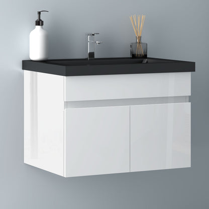 Badezimmer Badmöbel 60cm Schwarz Mineralguss Waschtisch mit Unterschrank Hängeschrank Hochglanz Weiß Badezimmerschränke Badschrank mit 2 Soft-Close Türen