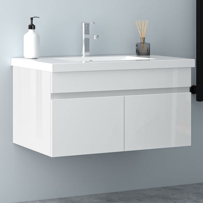 Badezimmer Badmöbel 80cm Mineralguss Waschtisch mit Unterschrank Hängeschrank Hochglanz Weiß Badezimmerschränke Badschrank mit 2 Soft-Close Türen