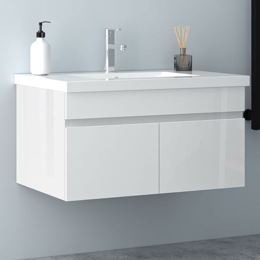 Badezimmer Badmöbel 80cm Mineralguss Waschtisch mit Unterschrank Hängeschrank Hochglanz Weiß Badezimmerschränke Badschrank mit 2 Soft-Close Türen
