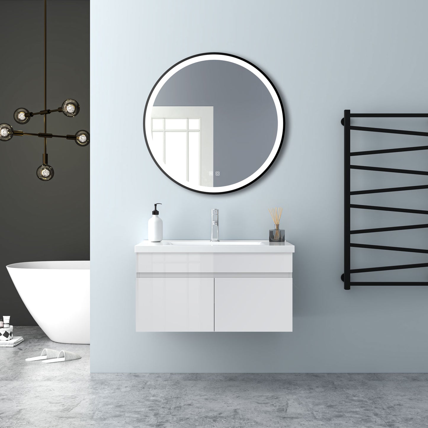 Badezimmer Badmöbel 80cm Keramik Waschtisch mit Unterschrank Hängeschrank Hochglanz Weiß Badezimmerschränke Badschrank mit 2 Soft-Close Türen