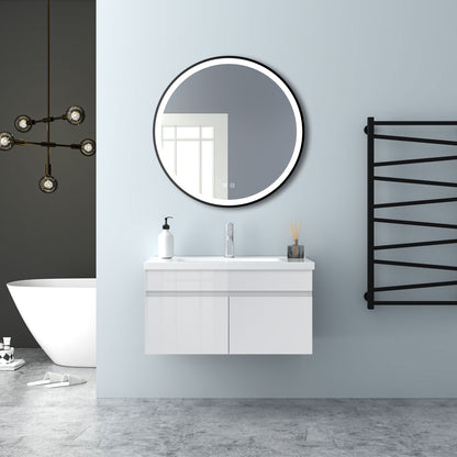 Badezimmer Badmöbel 80cm Keramik Waschtisch mit Unterschrank Hängeschrank Hochglanz Weiß Badezimmerschränke Badschrank mit 2 Soft-Close Türen