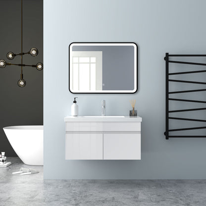 Badezimmer Badmöbel 80cm Mineralguss Waschtisch mit Unterschrank Hängeschrank Hochglanz Weiß Badezimmerschränke Badschrank mit 2 Soft-Close Türen