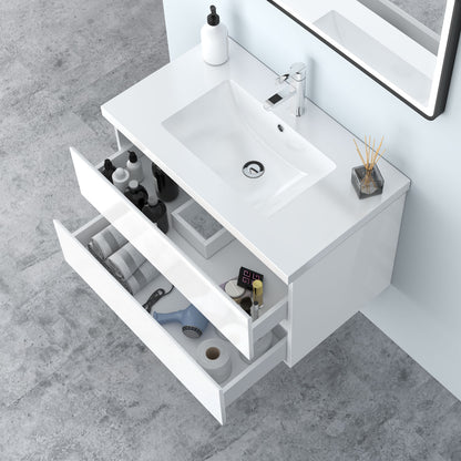 Badezimmermöbel 80cm Mineralguss Waschtisch mit Unterschrank Badmöbel set Badezimmerschränke mit 2 Soft-Close Schubladen Hochglanz Weiß