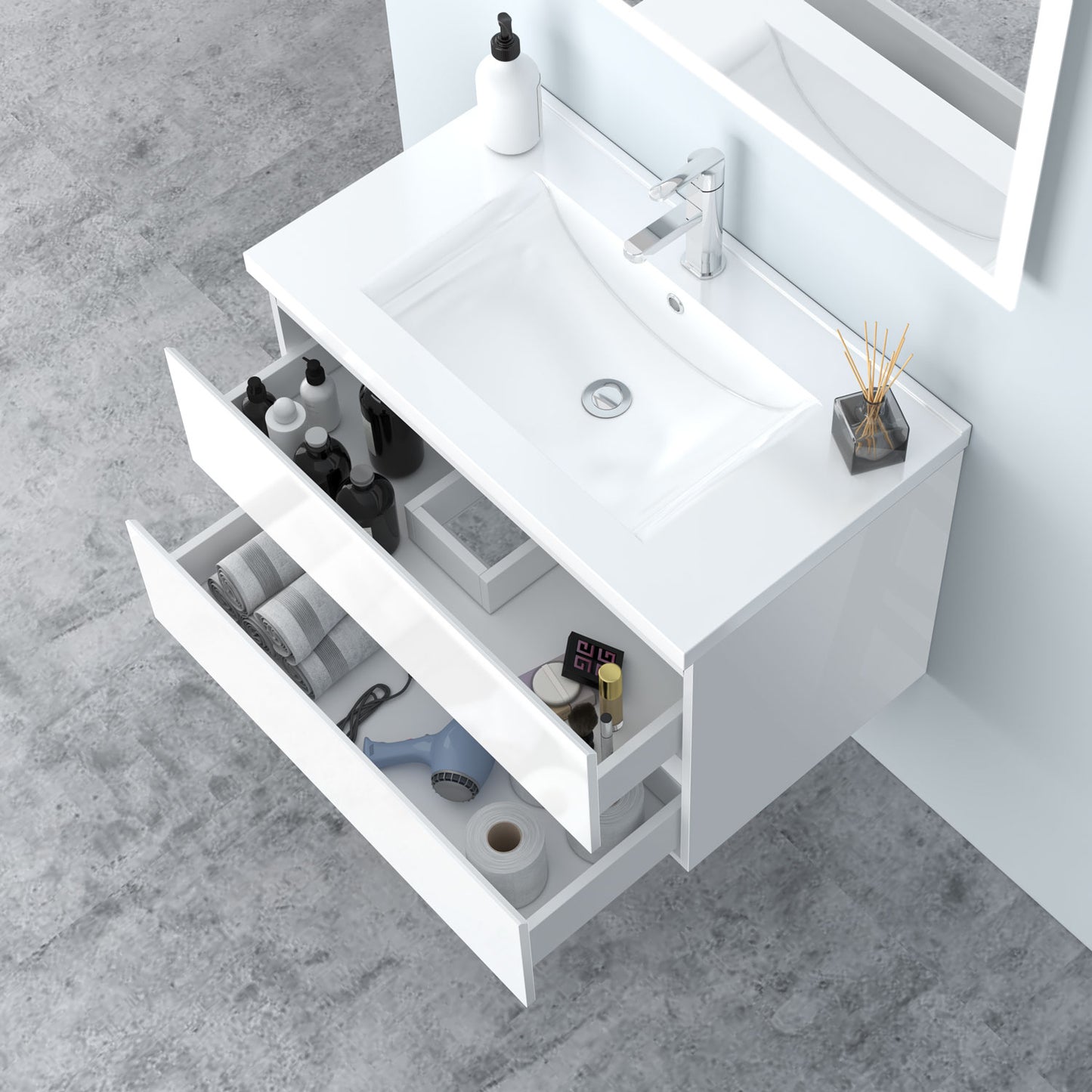 Badezimmermöbel 80cm Keramik Waschtisch mit Unterschrank Badmöbel set Badezimmerschränke mit 2 Soft-Close Schubladen Hochglanz Weiß
