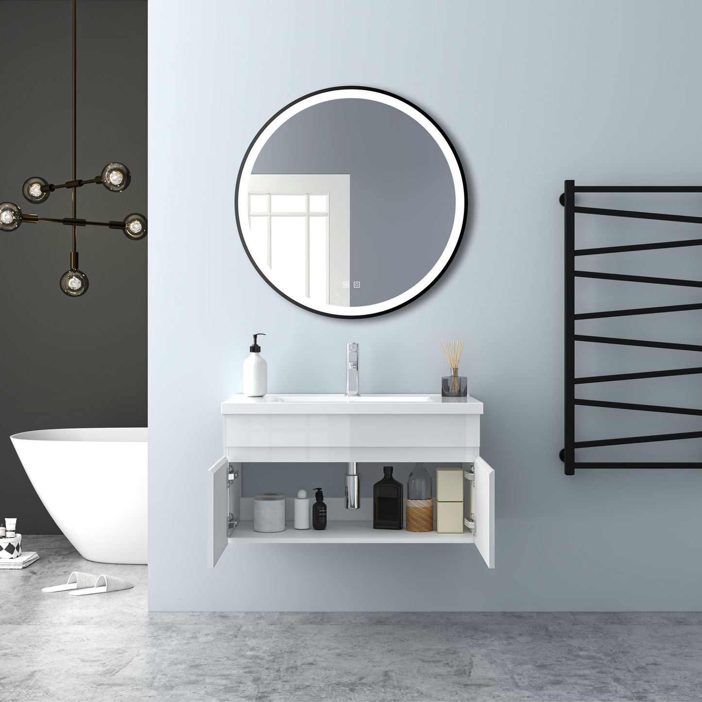 Badezimmer Badmöbel 80cm Keramik Waschtisch mit Unterschrank Hängeschrank Hochglanz Weiß Badezimmerschränke Badschrank mit 2 Soft-Close Türen