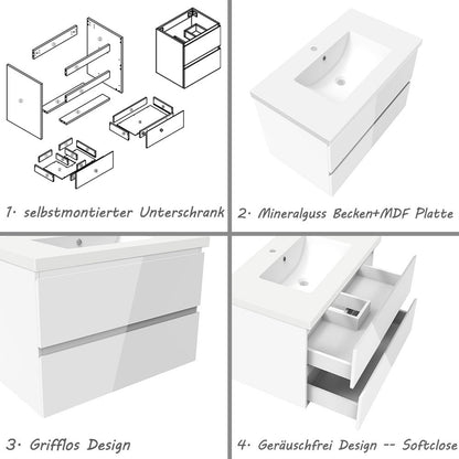 Badezimmermöbel 80cm Mineralguss Waschtisch mit Unterschrank Badmöbel set Badezimmerschränke mit 2 Soft-Close Schubladen Hochglanz Weiß