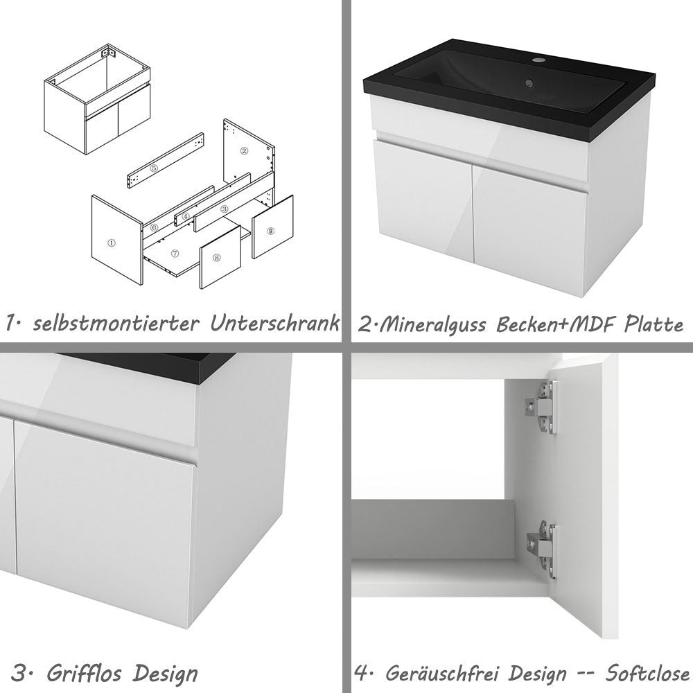 Badezimmer Badmöbel 60cm Schwarz Mineralguss Waschtisch mit Unterschrank Hängeschrank Hochglanz Weiß Badezimmerschränke Badschrank mit 2 Soft-Close Türen