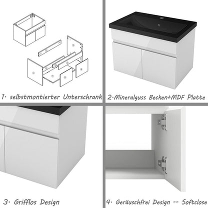 Badezimmer Badmöbel 60cm Schwarz Mineralguss Waschtisch mit Unterschrank Hängeschrank Hochglanz Weiß Badezimmerschränke Badschrank mit 2 Soft-Close Türen