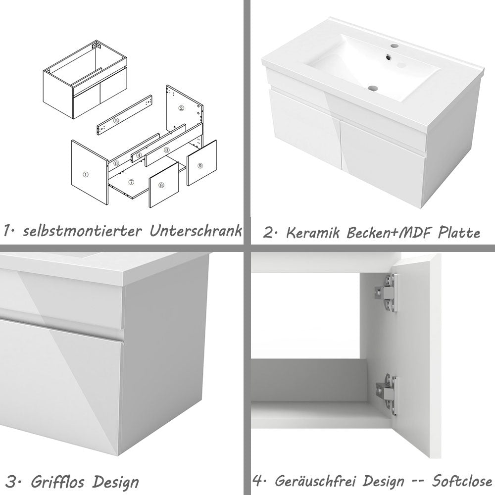 Badezimmer Badmöbel 80cm Keramik Waschtisch mit Unterschrank Hängeschrank Hochglanz Weiß Badezimmerschränke Badschrank mit 2 Soft-Close Türen