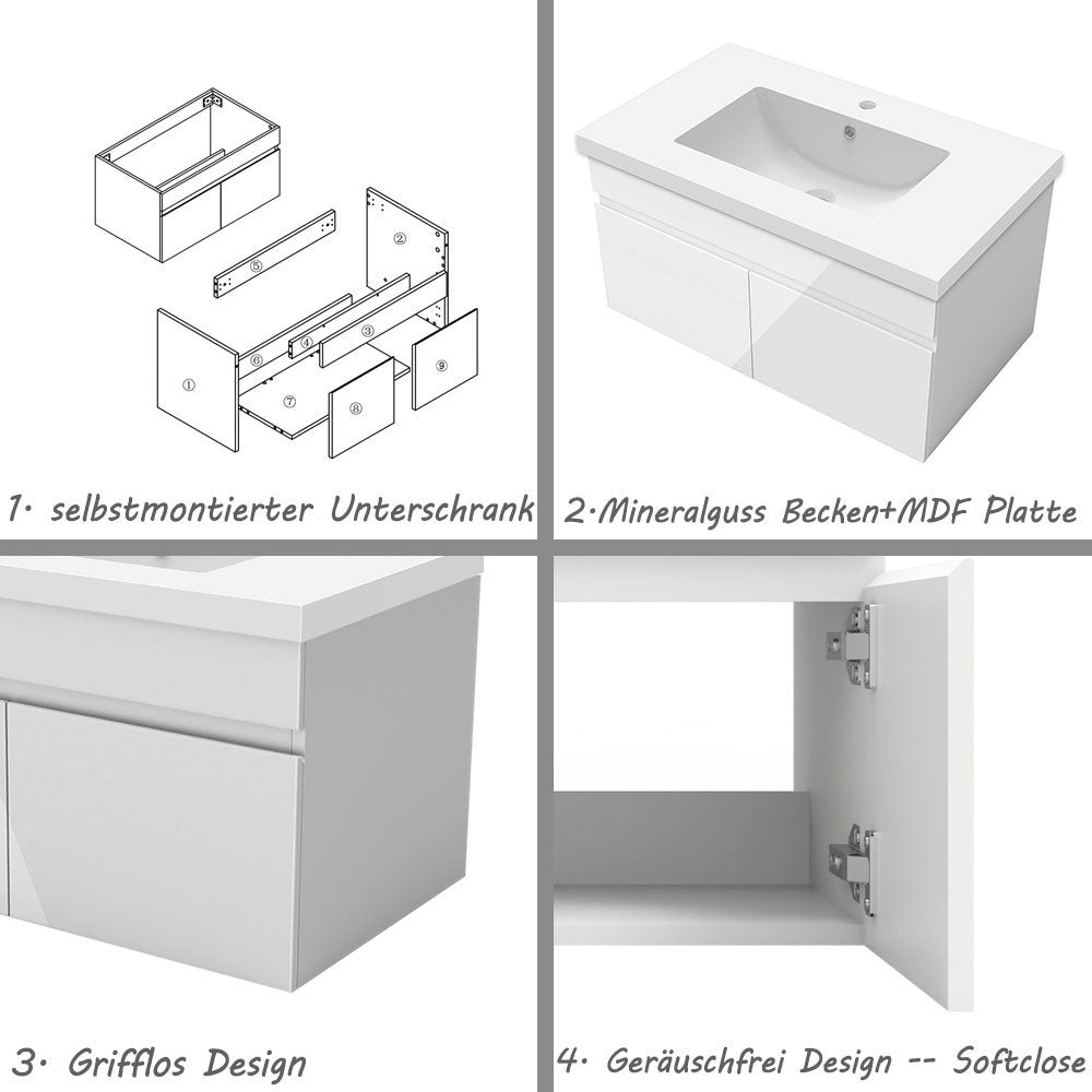 Badezimmer Badmöbel 80cm Mineralguss Waschtisch mit Unterschrank Hängeschrank Hochglanz Weiß Badezimmerschränke Badschrank mit 2 Soft-Close Türen