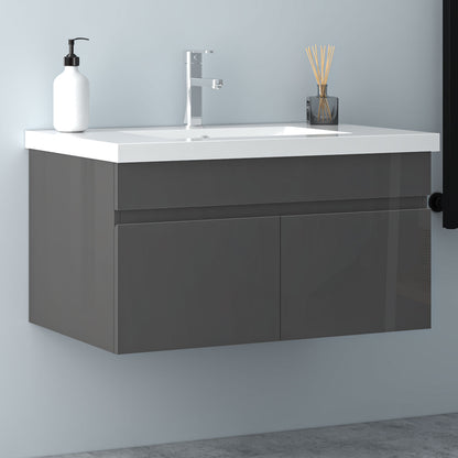 Badezimmer Badmöbel 80cm Mineralguss Waschtisch mit Unterschrank Hängeschrank Hochglanz Dunkelgrau Badezimmerschränke Badschrank mit 2 Soft-Close Türen