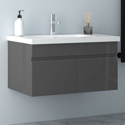 Badezimmer Badmöbel 80cm Mineralguss Waschtisch mit Unterschrank Hängeschrank Hochglanz Dunkelgrau Badezimmerschränke Badschrank mit 2 Soft-Close Türen