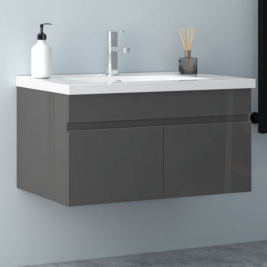 Badezimmer Badmöbel 80cm Keramik Waschtisch mit Unterschrank Hängeschrank Hochglanz Dunkelgrau Badezimmerschränke Badschrank mit 2 Soft-Close Türen
