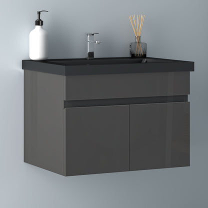 Badezimmer Badmöbel 60cm Schwarz Mineralguss Waschtisch mit Unterschrank Hängeschrank Hochglanz Dunkelgrau Badezimmerschränke Badschrank mit 2 Soft-Close Türen